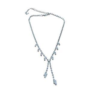 Vintage Clear Rhinestone Y Necklace Silvertone 13 - 16 inches Long